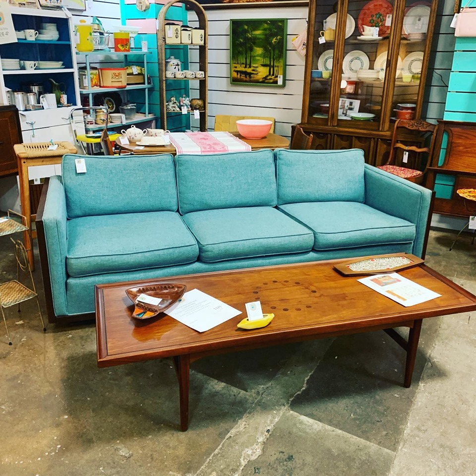 Mid Mod Aqua/Turquoise Box Frame Sofa