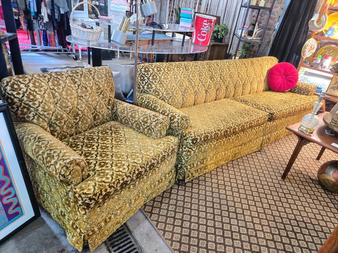 Velveteen Mid Century Sofa and Chair