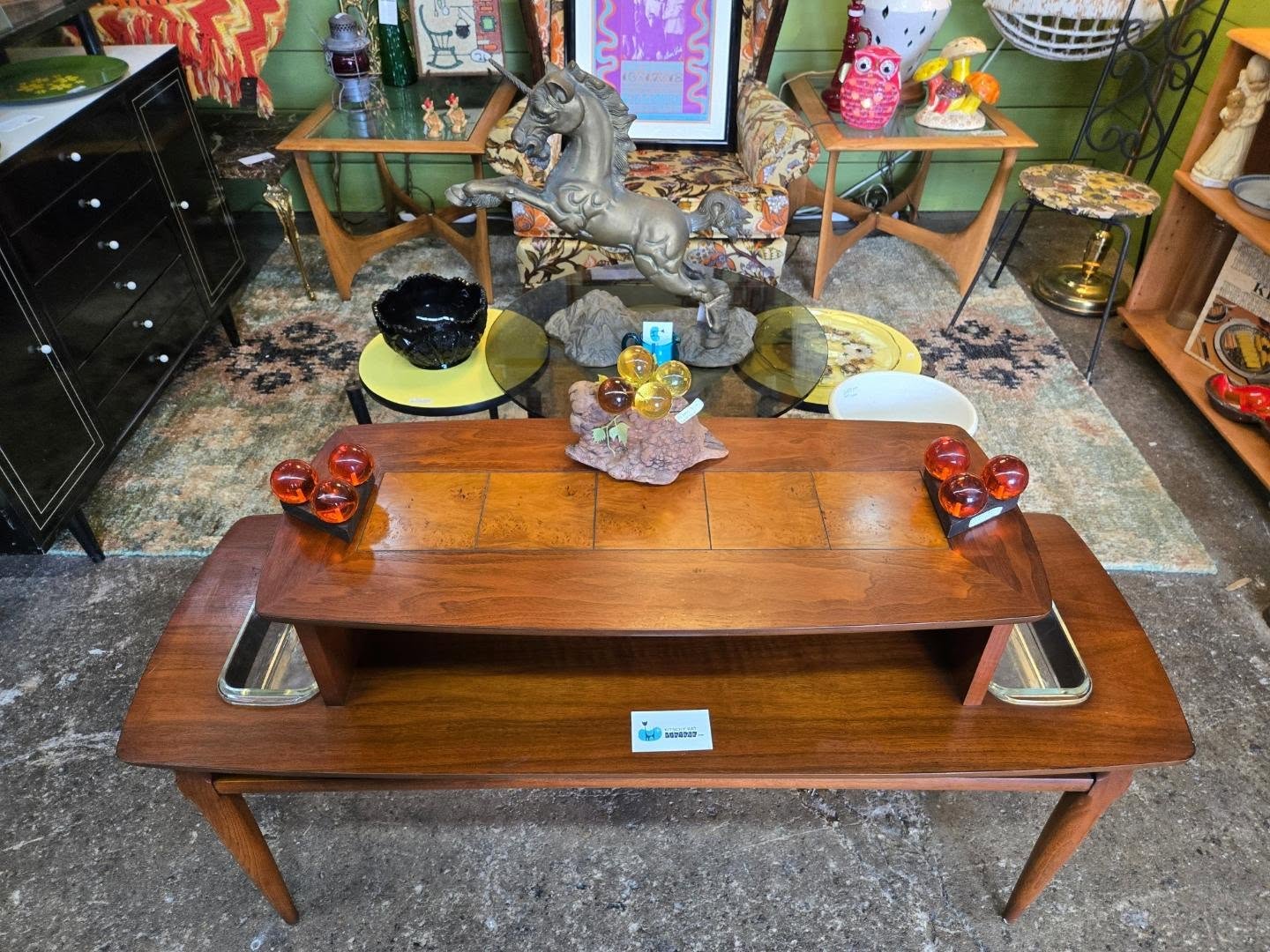 1958 Lane burlwood entry/sofa table with original pyrex planter inserts